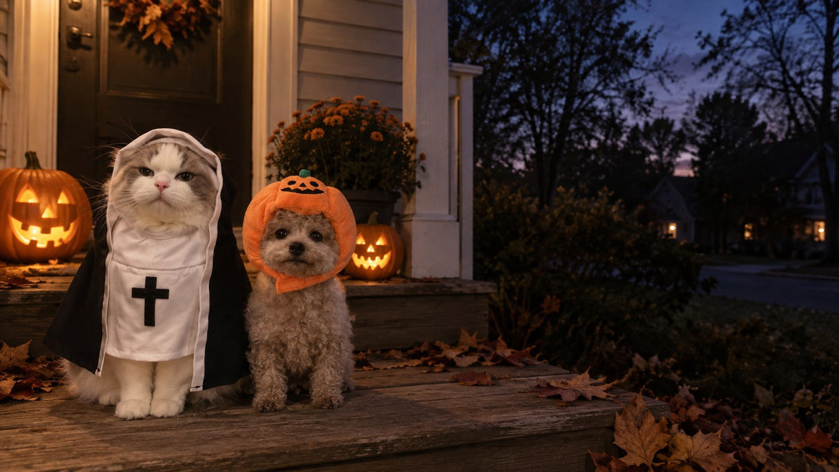 Cat in nun costume and dog in pumpkin hat on a Halloween porch